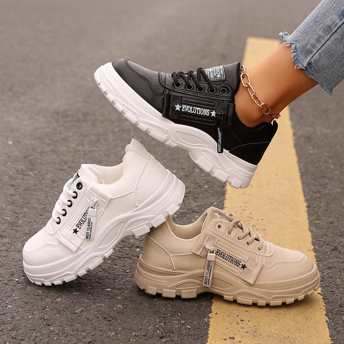 Lace-up Sports Shoes With Side-Zipper Design Fashion Thick-soled Round-toe Casual Shoes For Women Sneakers - Mubimart