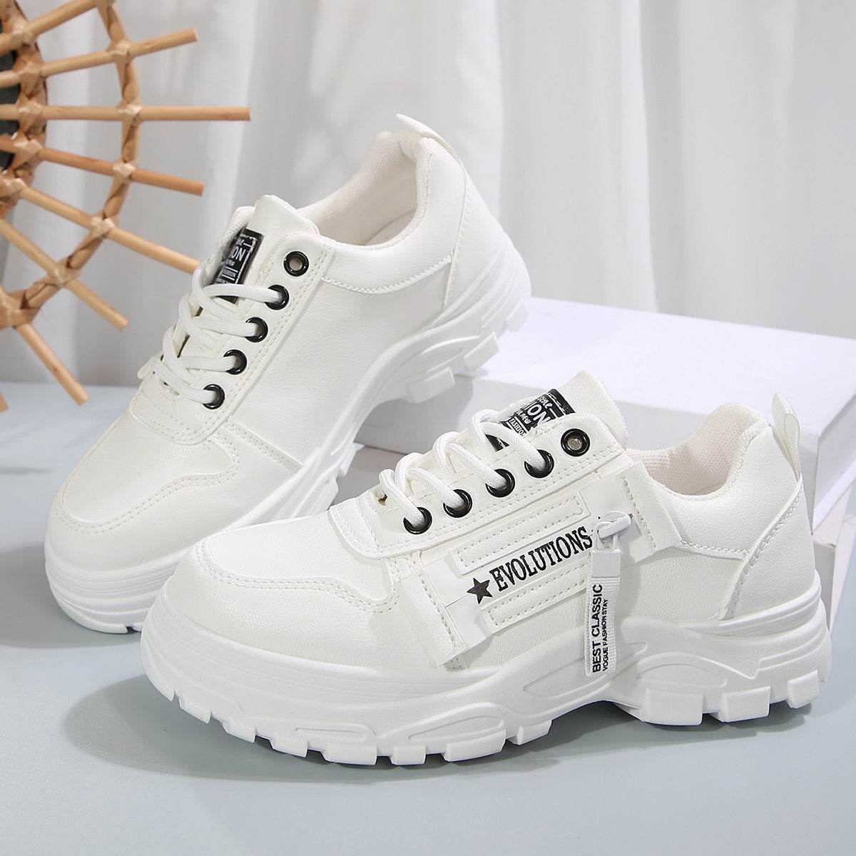 Lace-up Sports Shoes With Side-Zipper Design Fashion Thick-soled Round-toe Casual Shoes For Women Sneakers - Mubimart