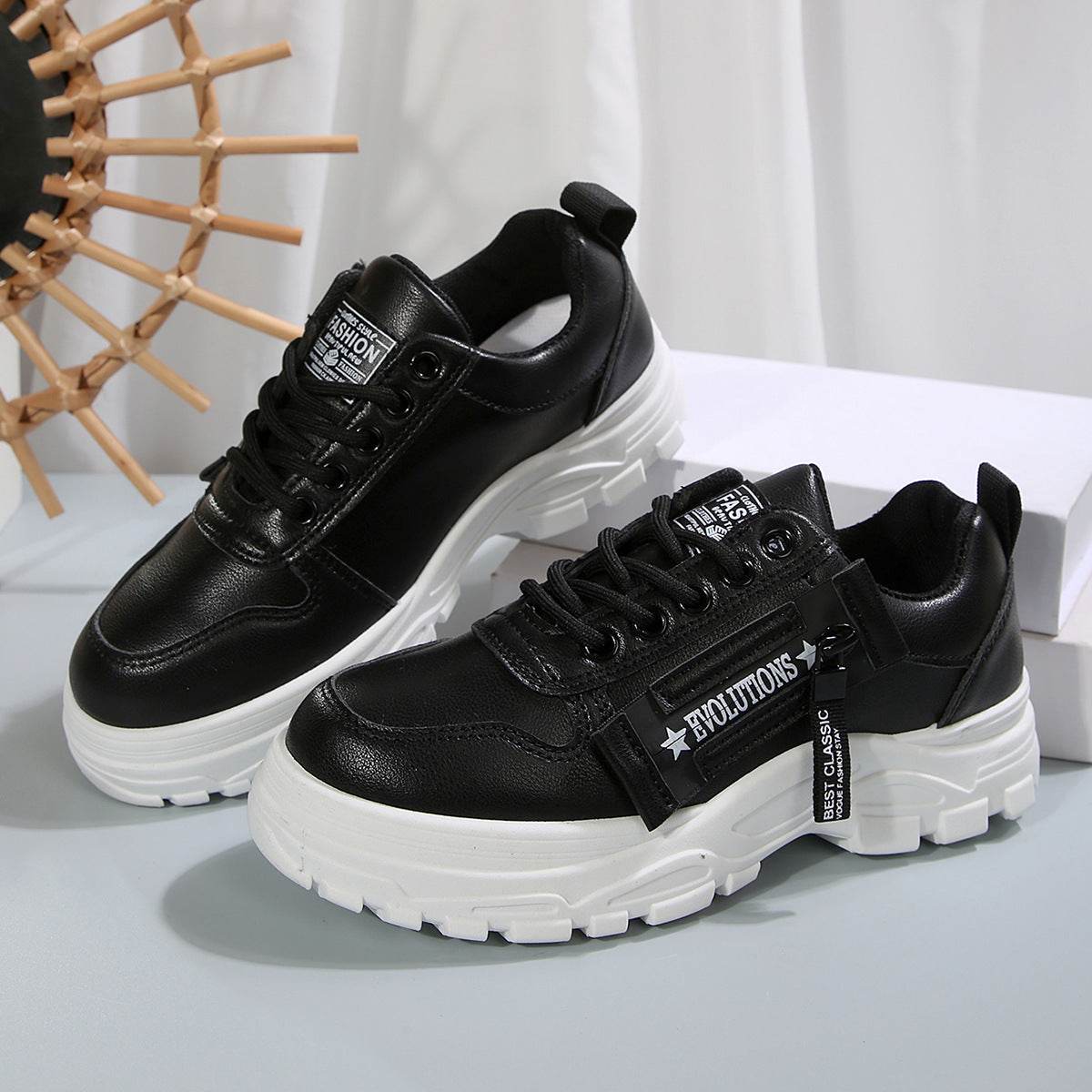 Lace-up Sports Shoes With Side-Zipper Design Fashion Thick-soled Round-toe Casual Shoes For Women Sneakers - Mubimart