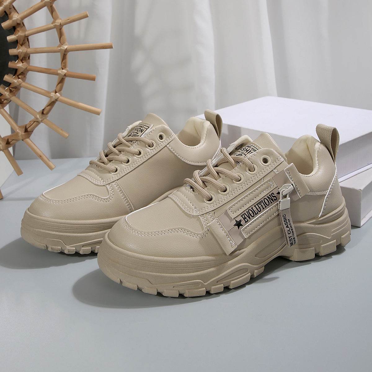 Lace-up Sports Shoes With Side-Zipper Design Fashion Thick-soled Round-toe Casual Shoes For Women Sneakers - Mubimart