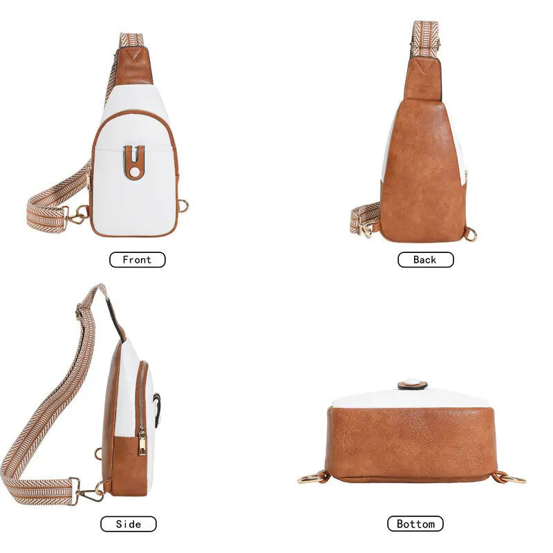 Schultertasche für Damen, Umhängetasche, Bauchtasche für Damen, Sling-Brusttasche aus Leder mit verstellbarem Riemen, Beige/Braun