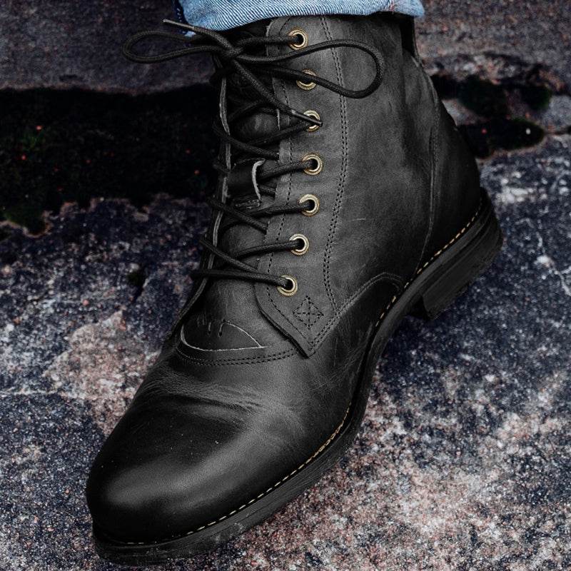 Men Cowboy Boots Retro Lace-up Martin Boot Round Toe Low Heel Shoes - Mubimart