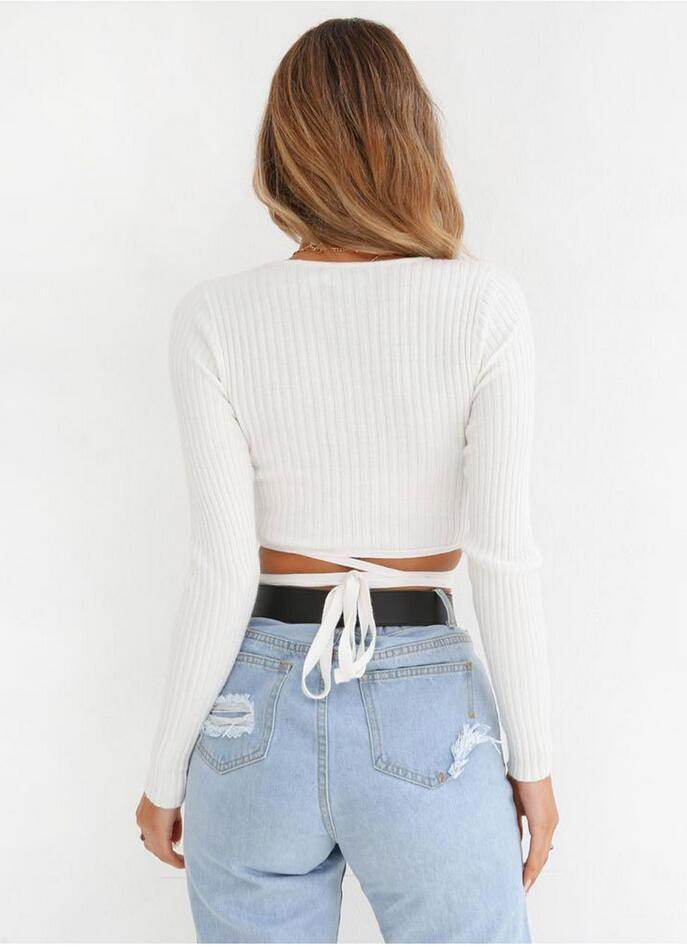 Sexy Women Ladies Summer Slim Crop Tops Long Sleeve T Shirt Casual Solid V Neck Knitted Short Tops - Mubimart