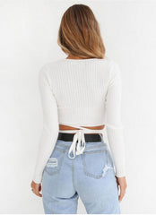 Sexy Women Ladies Summer Slim Crop Tops Long Sleeve T Shirt Casual Solid V Neck Knitted Short Tops - Mubimart -  