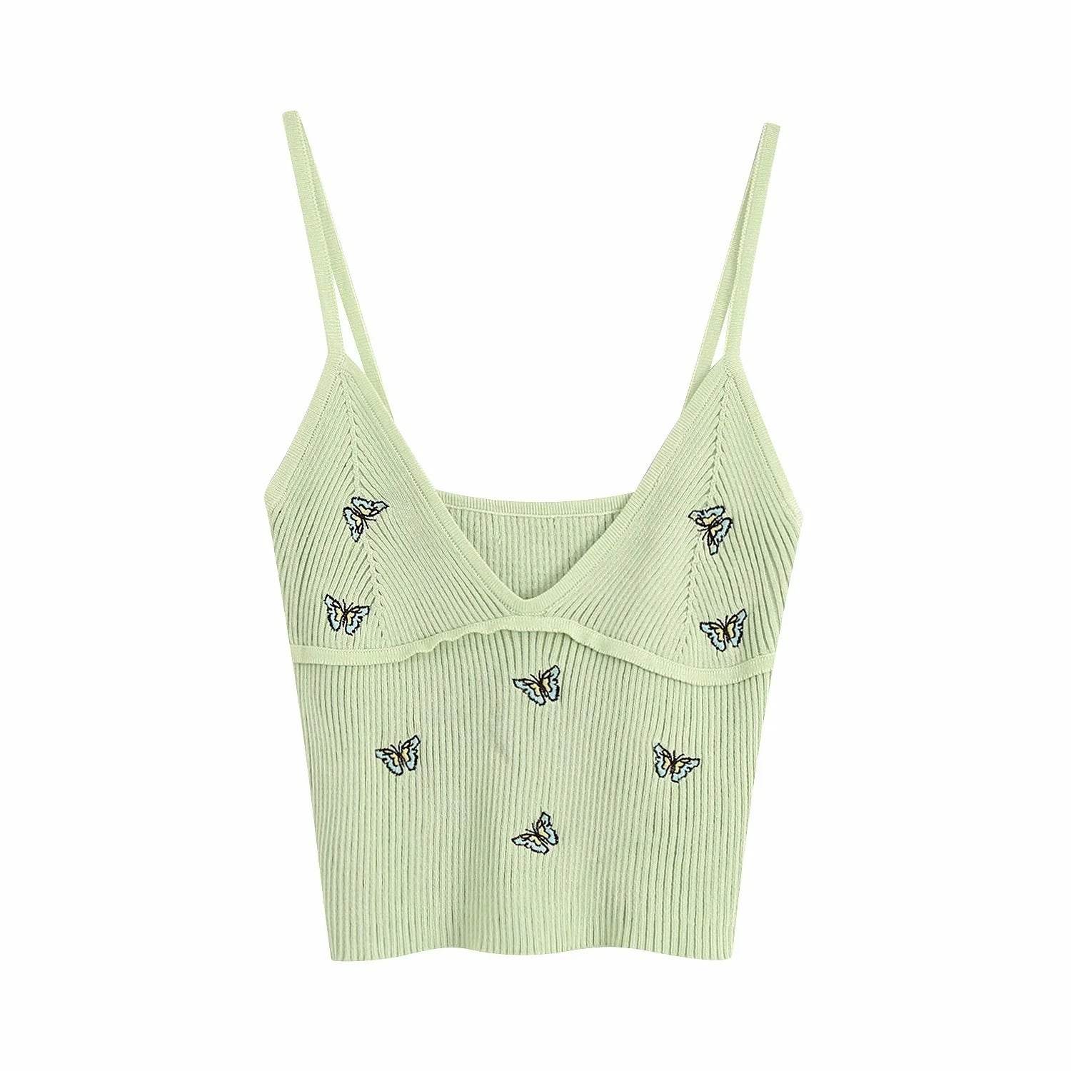 Women Fashion Butterfly Embroidery Cropped Knitted Blouses Vintage - Mubimart