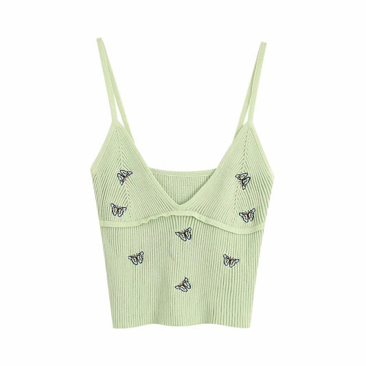 Women Fashion Butterfly Embroidery Cropped Knitted Blouses Vintage - Mubimart