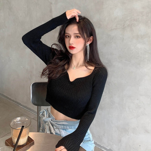Knitted Bottoming Shirt All-Match Slimming Short Crop Top Women - Mubimart