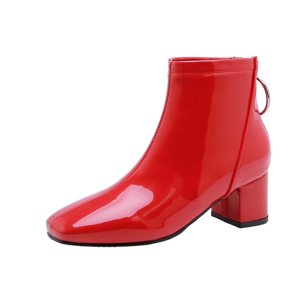 Mid heel lacquered square toe boots - Mubimart