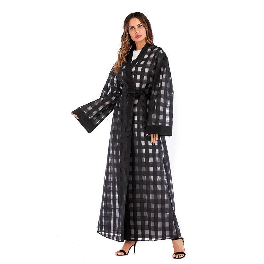 Muslim Plaid Loose Sleeved Lace Up Robe For Women - Mubimart