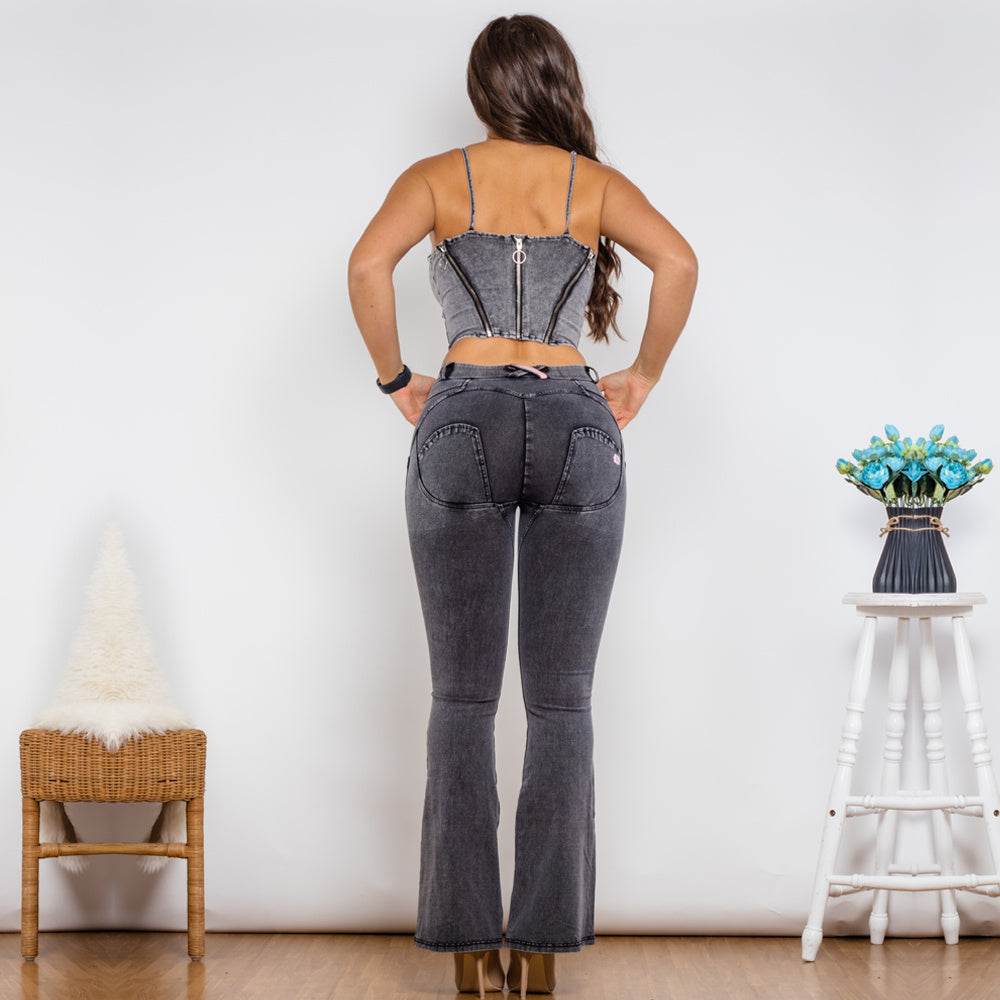Shascullfites Shaper Suit Grey Denim Bodysuit Zipper Push Up Top Middle Waist Butt Lift Flare Jeans Women Two Piece Outfits - Mubimart