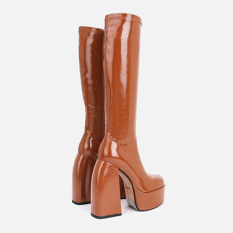 Tall Chunky Heel Round Toe Platform Stretch Boots Above Knee - Mubimart