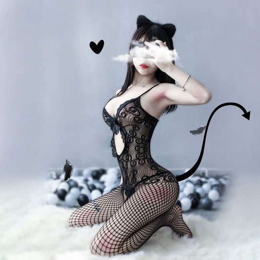 Large Size Sexy Lingerie Women's Lace Lace Bow One-piece Stockings - Mubimart