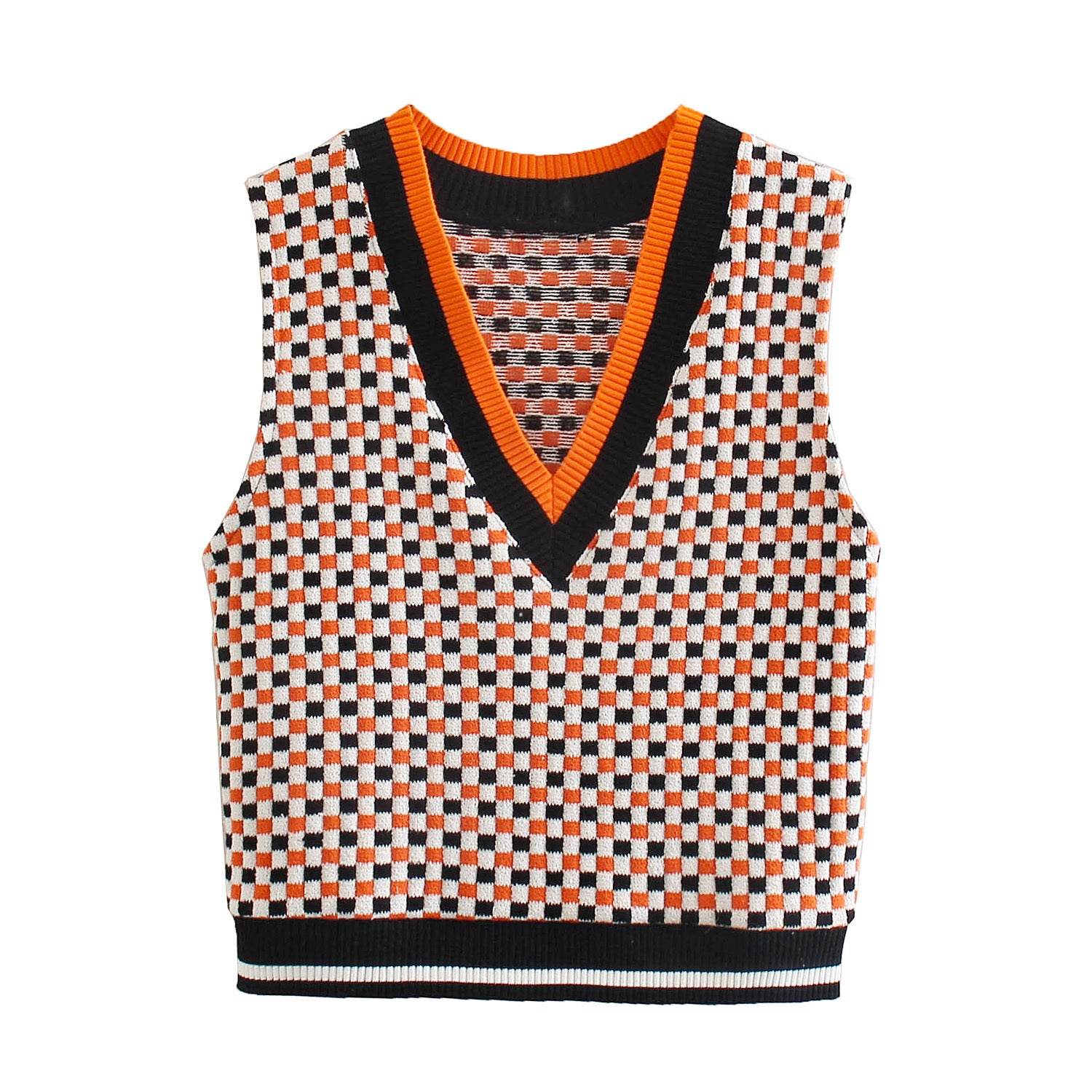 Patchwork Retro Check Vest Vest Sweater - Mubimart