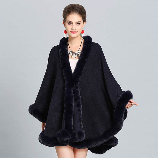 New Large Size Faux Fox Fur Collar Knitted Shawl - Mubimart