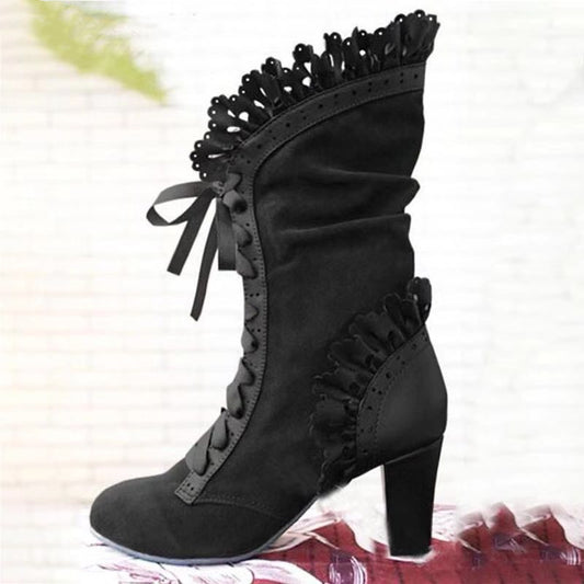 Lace-Up Combat Boot Women Ruffle Design Ethnic Shoes - Mubimart