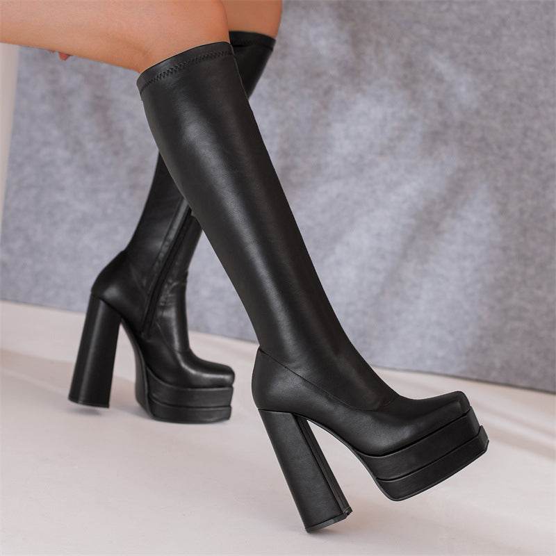 Women's Square Toe Side Zip High Boots - Mubimart