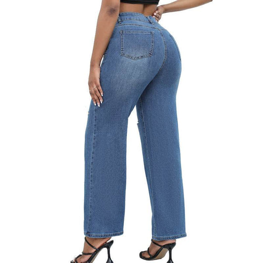 Elegant Ripped Wide-leg Jeans Women - Mubimart