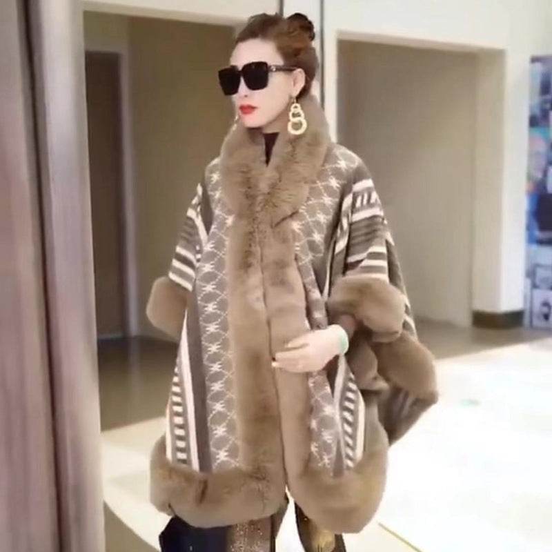 New Loose Plus Size Jacquard Fur Collar Shawl Wool Coat - Mubimart