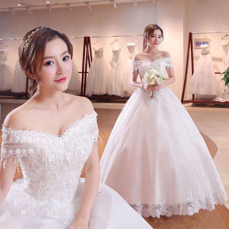 Shoulder-to-shoulder Wedding Dress Bridal Lace Plus Size Thin Shoulder Wedding Dress - Mubimart