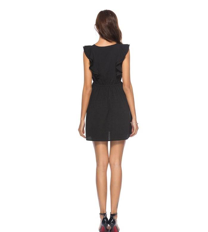 USA SIZE European and American leisure round neck ruffled sleeveless solid color mini dress women's clothing - Mubimart