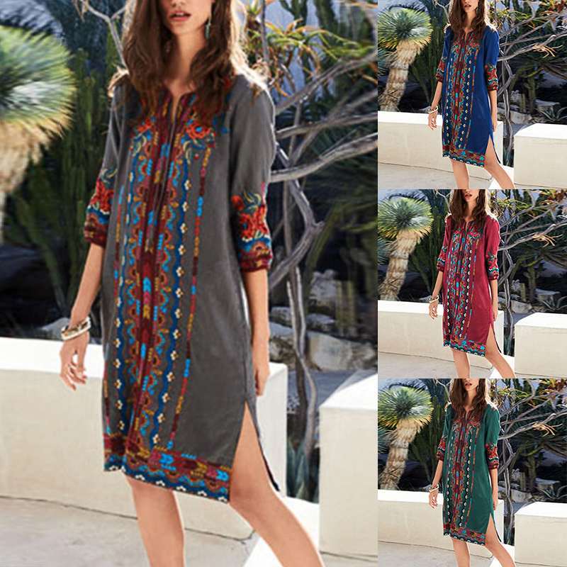 Printed casual tunic dress bohemian - Mubimart - Tunic 