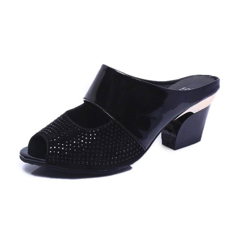 Patent leather rhinestone block heel sandals - Mubimart