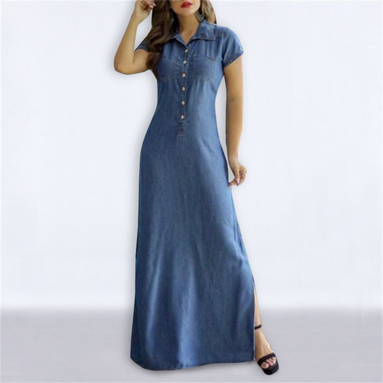 Shirt Collar Slit Pocket Large Swing Skirt Plus Size Denim Dress - Mubimart -  