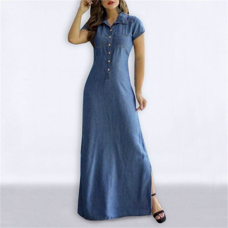 Shirt Collar Slit Pocket Large Swing Skirt Plus Size Denim Dress - Mubimart