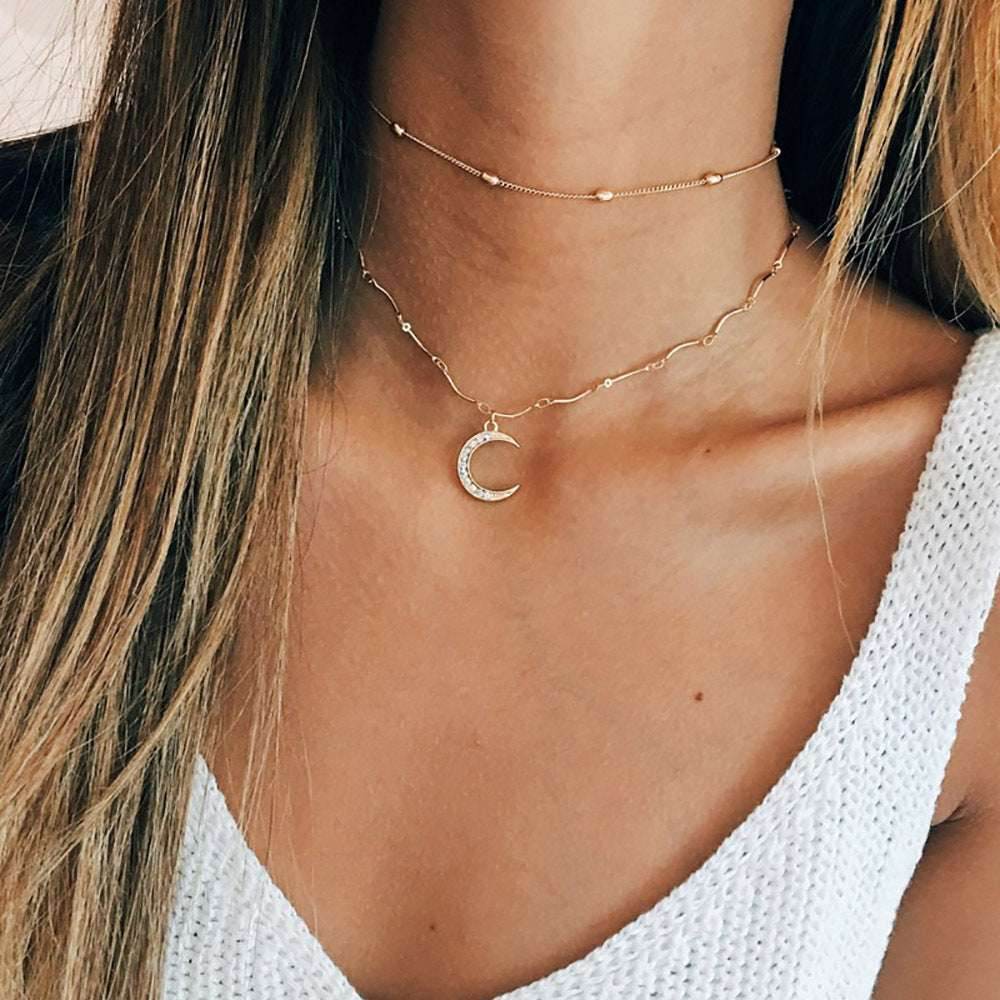 Double Chain Crystal Moon Choker Pendant Women - Mubimart