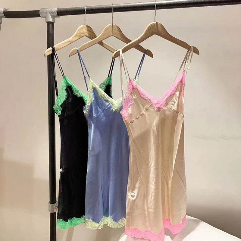 Lace Patchwork Slip Dress Lace Skirt - Mubimart