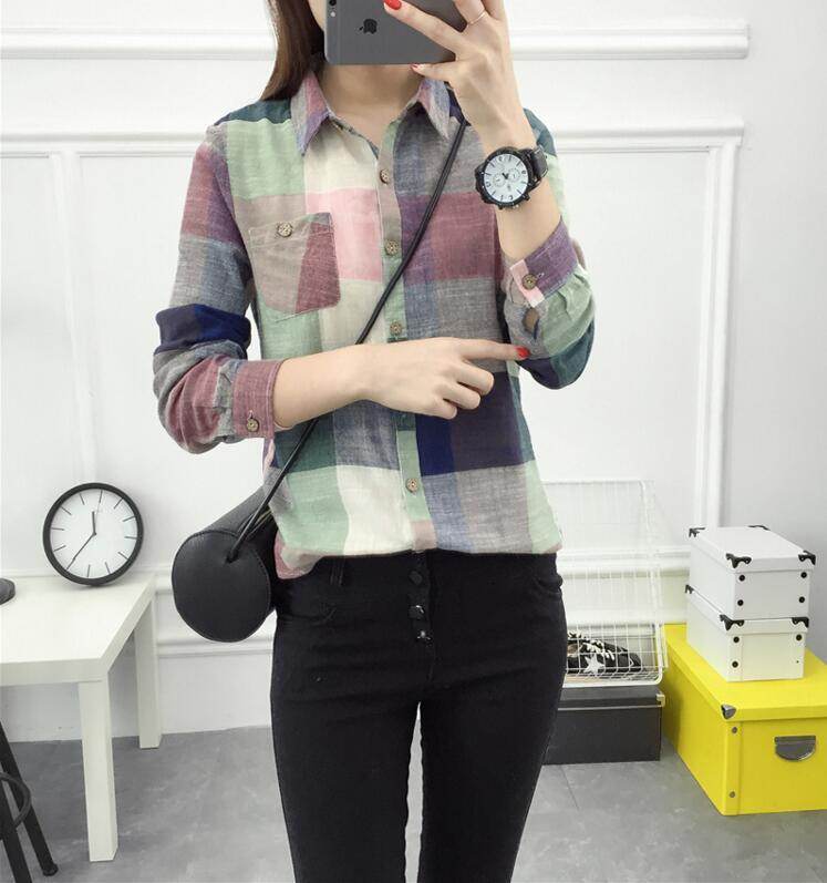 asual Plaid Women Blouses Kimono Vintage Linen Cotton Long Sleeve Blouse Female Shirts Tops - Mubimart