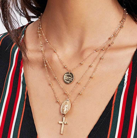 Layer Beads Chain Long Choker Necklace Women Sexy Fashion Gold Silver Color Round Cross Necklaces & Pendants Bijoux - Mubimart
