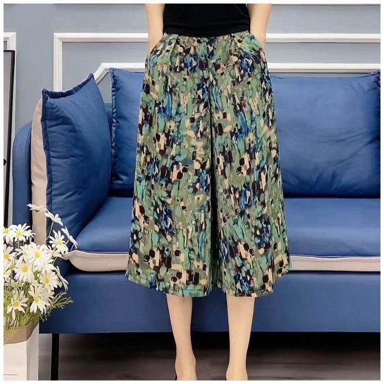 Slim And Casual High Waisted Printed Wide Leg Capris - Mubimart