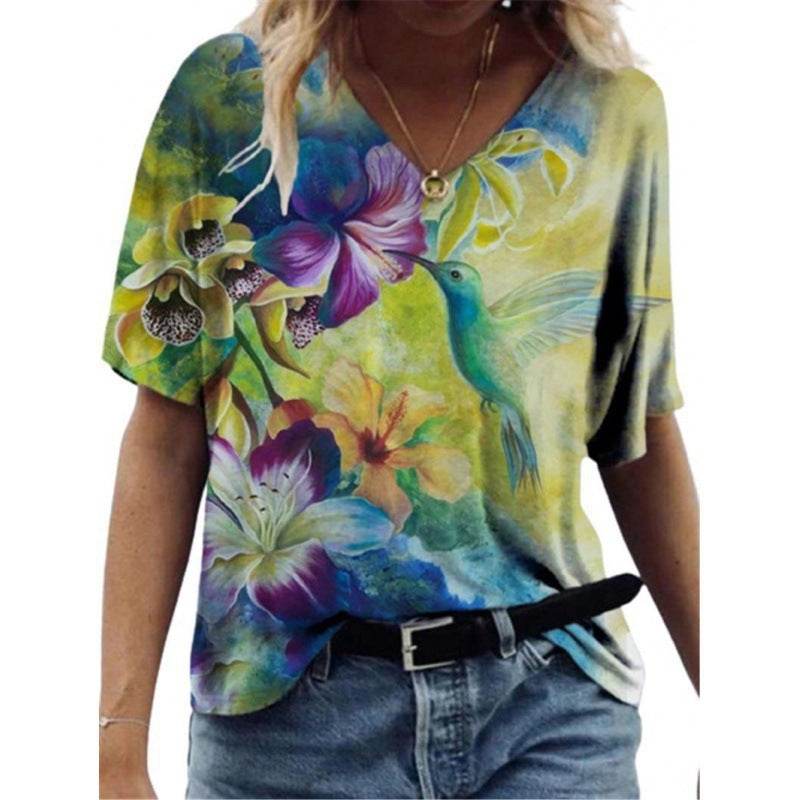 Flower Painting Printed T-shirt For Women - Mubimart