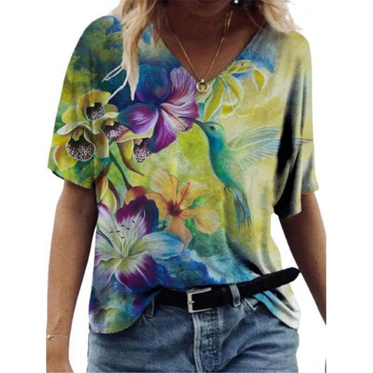 Flower Painting Printed T-shirt For Women - Mubimart