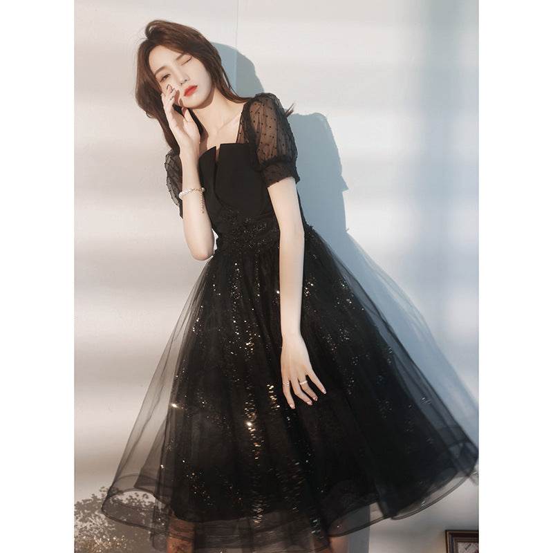 Black Sparkly Lace Cocktail Mini Prom Dress Evening Dress - Mubimart