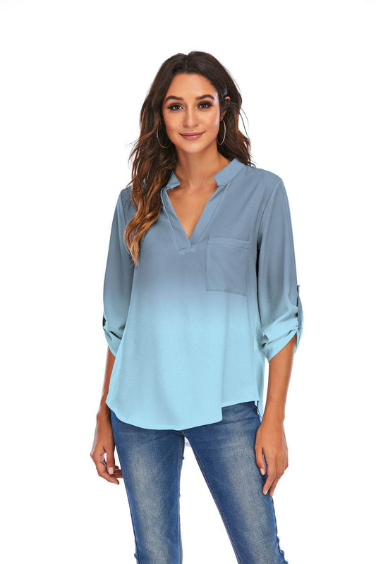 Print Gradient Blouses Women V-Neck Pockets Loose Shirts - Mubimart