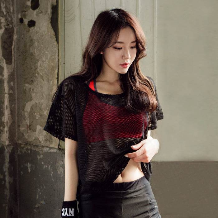 Women Yoga Shirt Hollow Out Mesh Blouse Crop Tops Sports Running Tshirt Breathable Fitness Tops Gym Clothing for Women - Mubimart