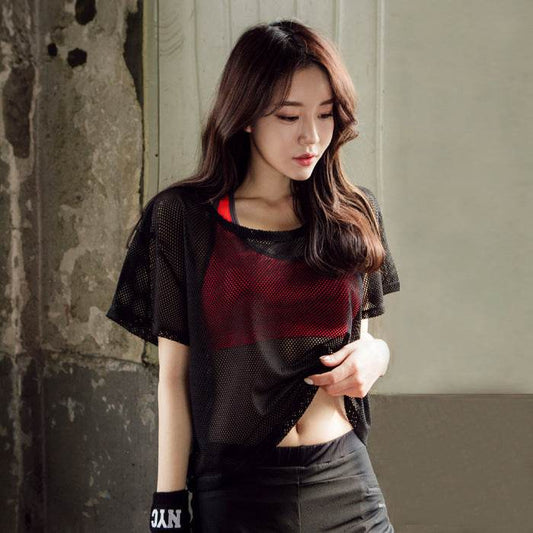 Women Yoga Shirt Hollow Out Mesh Blouse Crop Tops Sports Running Tshirt Breathable Fitness Tops Gym Clothing for Women - Mubimart