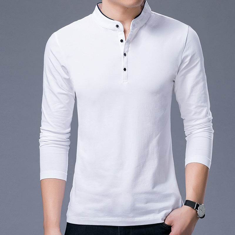Mens Coton Stand Collar Long Sleeve T-Shirt - Mubimart