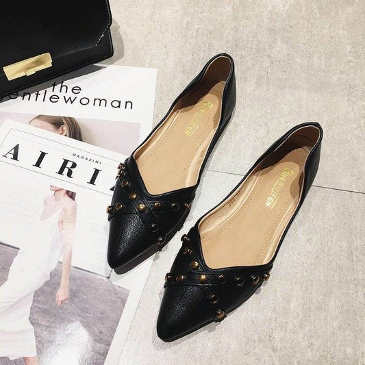 Pointed toe black flat shoes - Mubimart