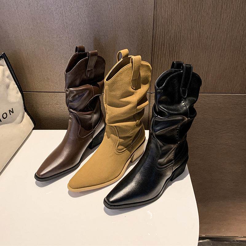 Autumn And Winter New Retro Pointed Chunky Heel Western Cowboy Boot - Mubimart