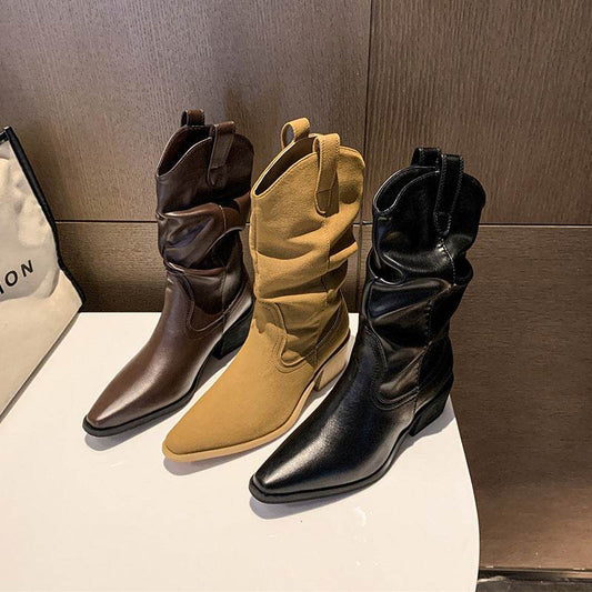 Autumn And Winter New Retro Pointed Chunky Heel Western Cowboy Boot - Mubimart