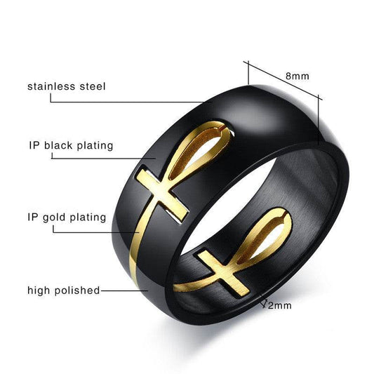 Separable Ankh Egyptian Cross Ring Men Personalized Black Gold Stainless Steel Key of Life Wedding Male Anel Jewelry - Mubimart