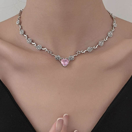 Rhinestone Love Rose Chain Necklace For Women - Mubimart