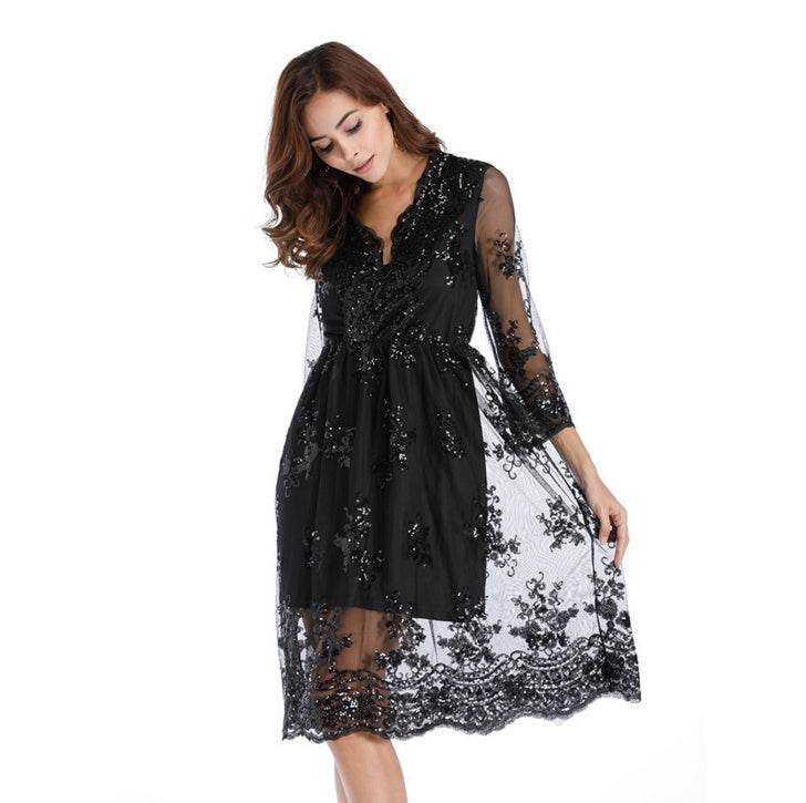 Simplee V long neck party dresses women sexy mesh streetwear Christmas MIDI dress female autumn dress - Mubimart