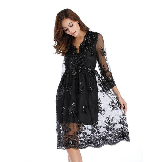 Simplee V long neck party dresses women sexy mesh streetwear Christmas MIDI dress female autumn dress - Mubimart
