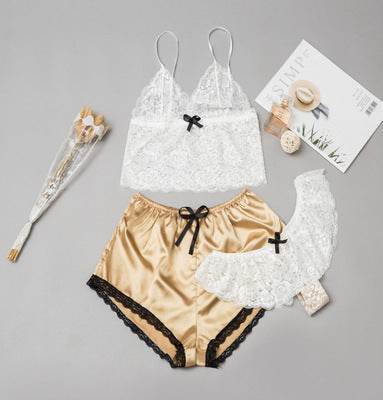Satin Lingerie Lace Shorts Set - Mubimart