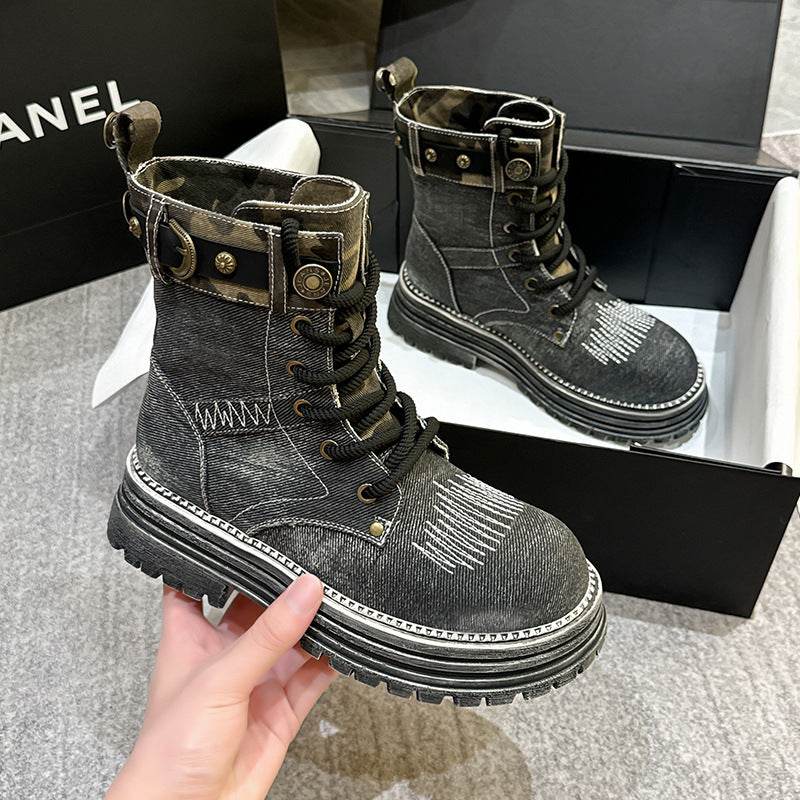 Platform Martin Boots Women's British Style Ankle Boots Retro Distressed Western Cowboy Boot - Mubimart