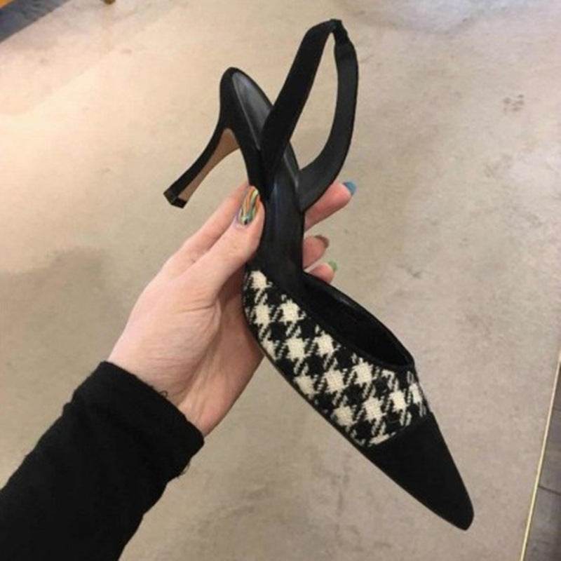 All-match pointed shallow mouth slingback strappy heel black sandals - Mubimart